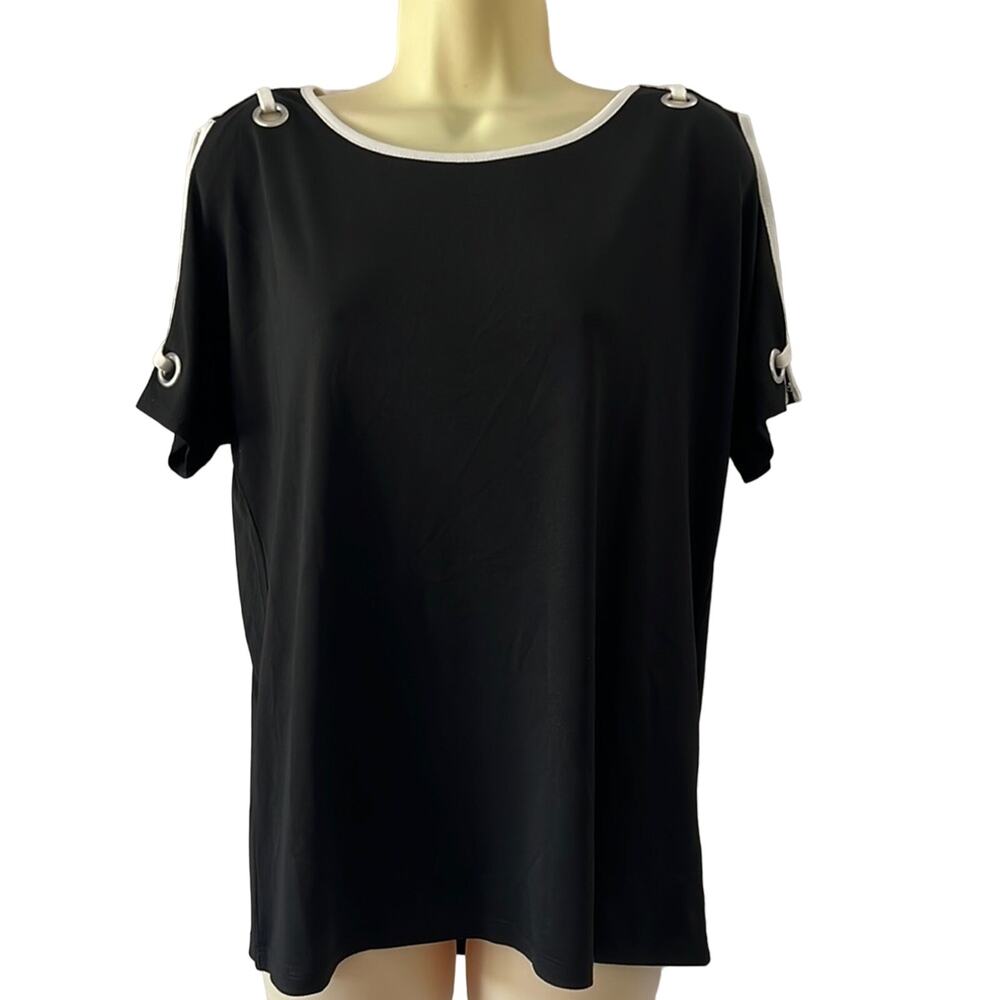 Carmen Marc Valvo NWT Black & White Cold Shoulder Knit Top Blouse Size Small - Picture 4 of 12